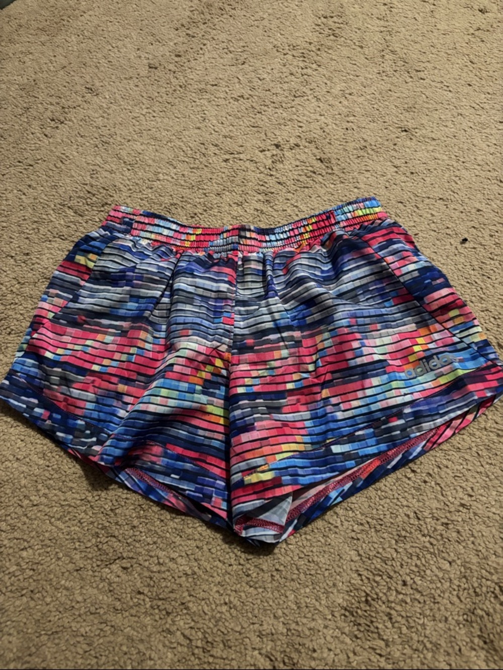 adidas Girls Multicolor Pixel-Stripe Running Shorts — Blue, Pink & Yellow